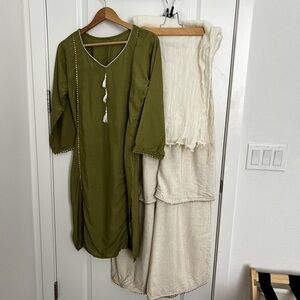 Green Kurta with Cream Dupatta Shahara Set